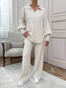 EURMUSE Rib Pattern Polo Neck Sweater And Pant 2pcs Set - Apricot - View 7