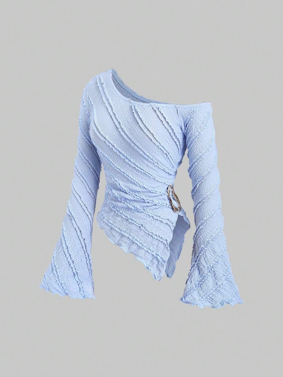 Sweetra Blusa de manga larga con bajo asimétrico y decoración metálica, hecha de tela texturizada, adecuada para ir a trabajar y salidas, primavera/verano/otoño