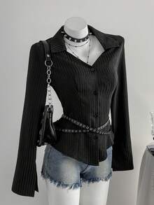 SHEIN PETITE American College Style Commuter High-Waisted Versatile Design Fitted Long Sleeve Blouse Top For Women, Autumn/Winter - Black - View 5