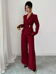 SHEIN Elenzya 女式不对称腰长袖西装外套和阔腿裤套装，优雅的办公室通勤装，秋冬 - 酒紅色 - 查看 6