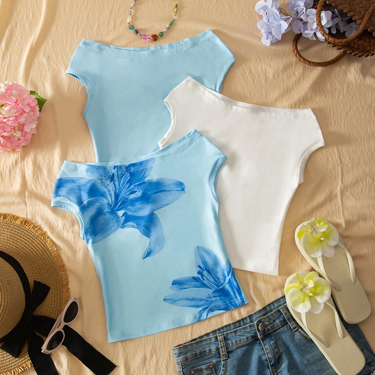 Set de 3 camisetas ajustadas de hombros descubiertos para niñas, estilo vacacional, multicolor