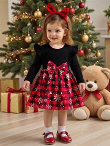 SHEIN Playful Pals Baby Girl Christmas Plaid Dress Snowflake Print Long Sleeve Ruffle Shoulder Large Bow A-Line Princess Dress Holiday Party Outfit - Multicolor - View 1