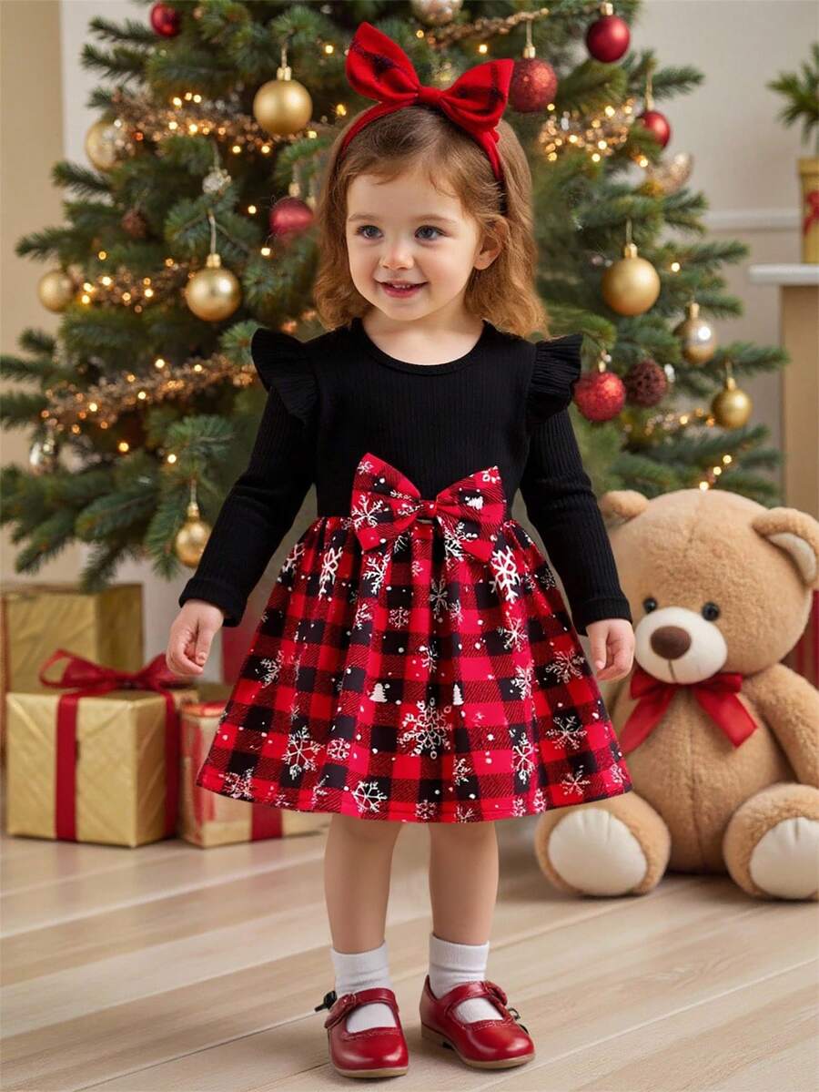 SHEIN Playful Pals Baby Girl Christmas Plaid Dress Snowflake Print Long Sleeve Ruffle Shoulder Large Bow A-Line Princess Dress Holiday Party Outfit - Multicolor - View 1