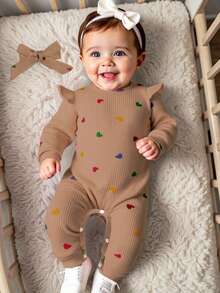 SHEIN 情人节新生儿爱心印花连体衣，舒适针织休闲连体衣，含发带，秋冬季款 - 棕色 - 查看 3