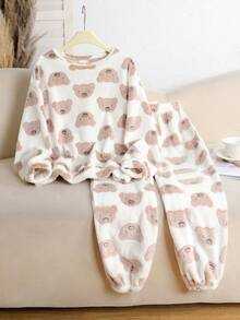 SHEIN 2 件套 Tween Girls 可爱熊图案柔软舒适羊毛圆领长袖上衣和裤子睡衣套装，秋冬 - 杏色 - 查看 3