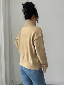 SHEIN Elenzya Women's Turtleneck Ribbed Slit Casual Elegant Pullover Sweater, Autumn/Winter - Apricot - View 2