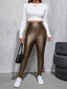 SHEIN Essnce Leggings de piel de poliuretano negro con forro térmico, de moda básica y casual para mujer de talla grande en otoño e invierno, pantalones para mujer, atuendos de invierno, pantalones para curvas, ropa de calle, pantalones de cuero, leggings con forro polar, leggings con forro térmico, leggings cálidos, medias para mujer - Bronce - Ver 5