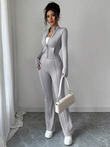 INAWLY Women's Tight-Fitting Zip-Up Cropped Top With Mandarin Collar And Flared Pants 2 Pieces Set - Light Grey - View 5