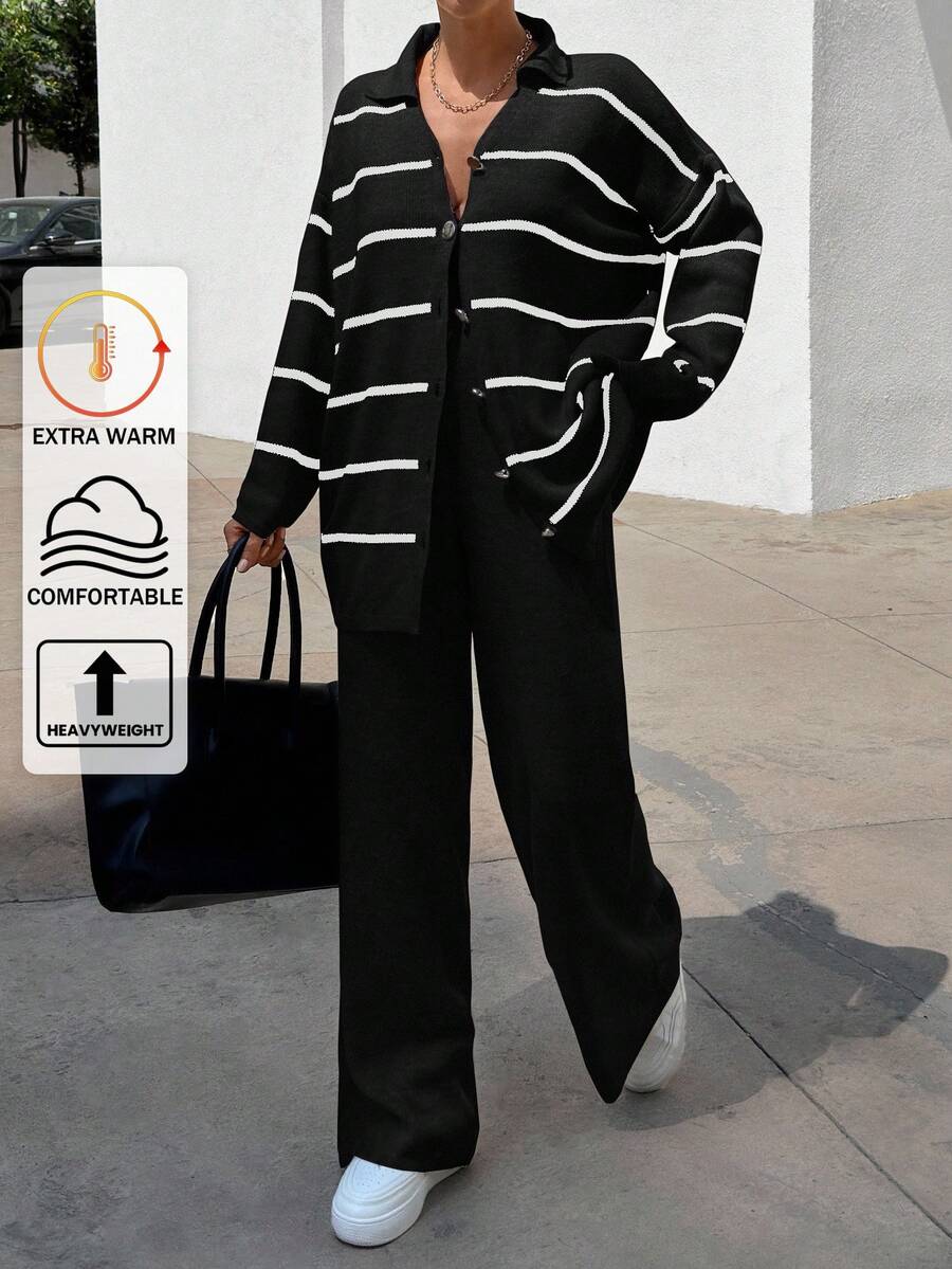 EURMUSE Women Striped Sweater Cardigan And Pant Set - Black - View 1
