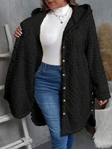 SHEIN Tall CURVE Plus Size Women Casual Solid Color Hooded Jacket, Winter - Black - View 5