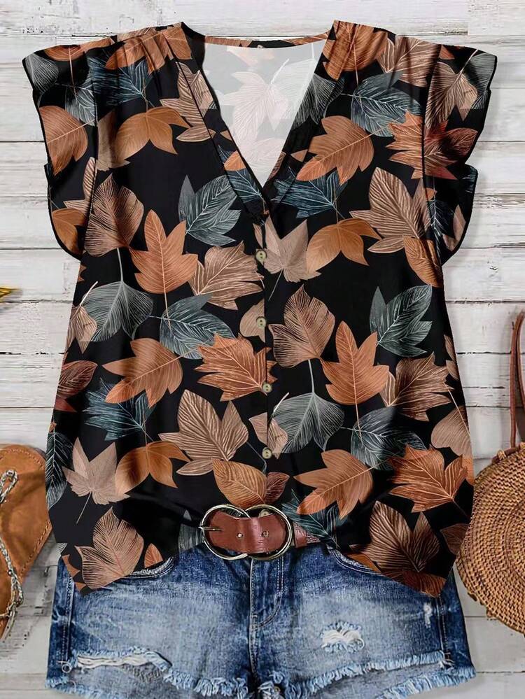 Women's Casual Leaf Print Cap Sleeve Shirt, Suitable For Summer Women Blouses Summer Fall Tops Women Leaf Print Blouse Brown Blouse Casual Blouse Chic Blouses For Women