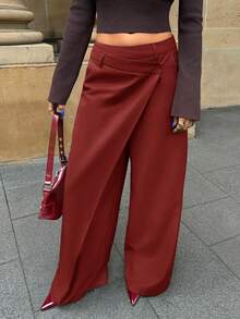 Forever 21 女不对称休闲阔腿裤女士时尚办公室通勤百搭高腰高端不对称阔腿西装裤 - 酒紅色 - 查看 4