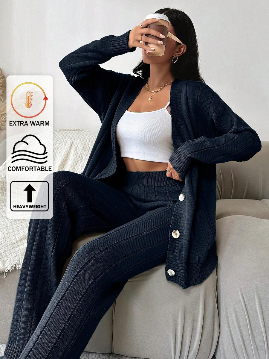 EURMUSE 2pcs Women's Solid-Color Dropped Shoulder Loose Cardigan And Knitted Pants Set, Autumn-Winter - Navy Blue - View 1