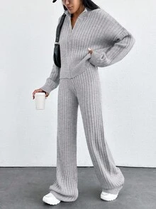EURMUSE Cardigan com zíper e ombros caídos e calças de malha - Cinza claro - Ver 3