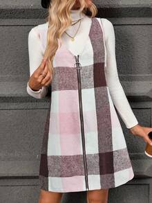 EMERY ROSE Vestido chaleco con cuello en V y cremallera a cuadros para mujer, otoño/invierno