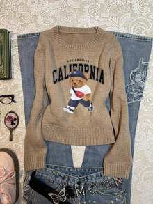 SHEIN EZwear Women's Crew Neck Long Sleeve Cute Bear & English Letter Print Sweater, Suitable For Autumn/Winter, Street Style, Chic, Y2K