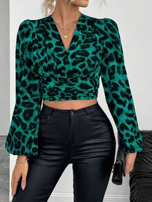 SHEIN LUNE Blusa casual de mujer con cuello en V, estampado de leopardo elegante y manga corta/larga - Verde - Ver 6