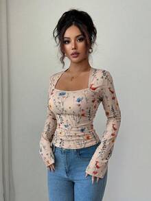 Elenzga 女士优雅 U 领花卉印花褶皱腰长袖 T 恤上衣，适合女性日常生活、派对、通勤、秋冬季 - 棕色 - 查看 3