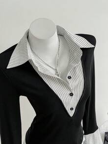 SHEIN Unity 1 件女式二合一 V 领长袖针织衬衫修身百搭衬衫，秋季 - 黑與白 - 查看 3