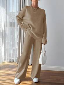 EURMUSE Women Button Detailed Sweater And Pant Set - Camel - View 3
