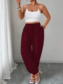 Elenzga Plus Size Solid Color Pleated Waist Belt Loop Casual Loose Fit Pants - Burgundy - View 6