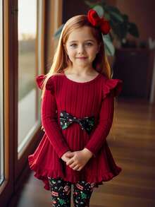 SHEIN 2 件套年轻女孩纯色针织圆领拼布圣诞图案蝴蝶结装饰上衣和圣诞树、圣诞老人、雪花、鹿印花裤，适合秋冬季圣诞派对、宴会、生日 - 紅色 - 查看 8