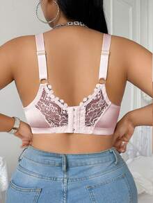 SHEIN 1pc Plus Size Lace Patchwork Wireless Bra - Pink - View 2