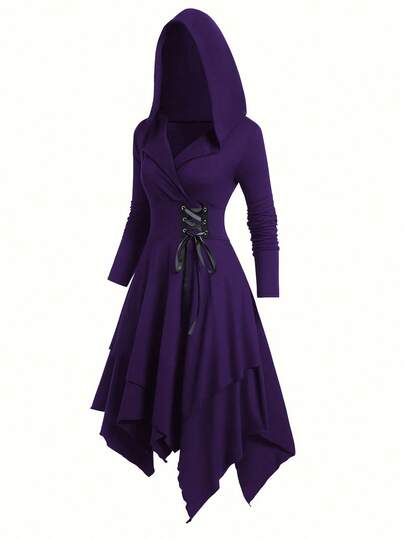 EMERY ROSE Knitted Casual Cinched Waist Long Sleeve Asymmetrical Hem Hooded Solid Color Dress