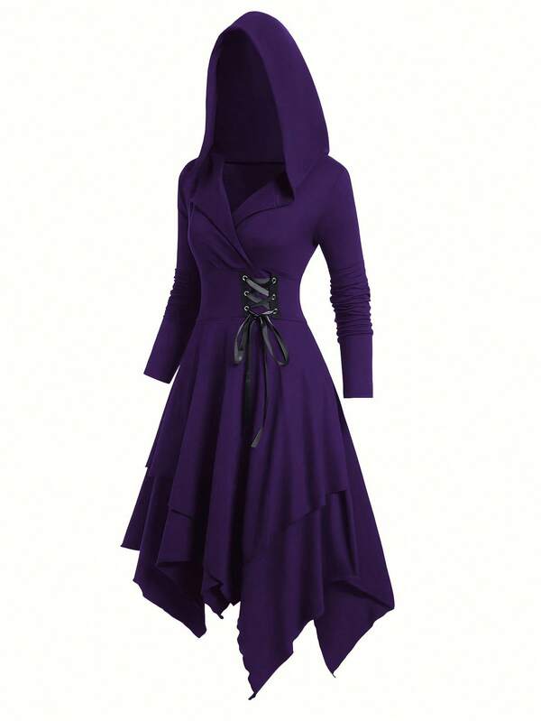 EMERY ROSE Knitted Casual Cinched Waist Long Sleeve Asymmetrical Hem Hooded Solid Color Dress