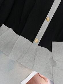 GlowEve CURVE 大码女式优雅休闲荷叶边撞色长袖 T 恤，圆领喇叭袖，纽扣装饰，简约剪裁设计上衣