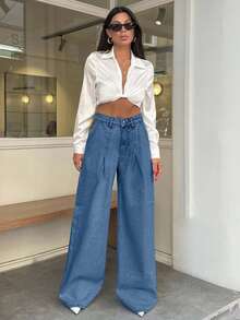 SHEIN Cottnline 100% Cotton HIGH WAIST WIDE LEG VINTAGE  JEAN - Blue - View 3