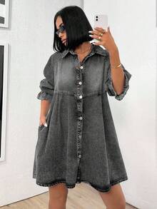 EURMUSE Women's Casual Washed Button-Front Long Sleeve Denim Dress, Autumn - Light Grey - View 3