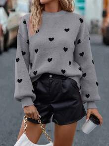 EMERY ROSE Women's Autumn/Winter Fashion Drop Shoulder Long Sleeve Heart Pattern Sweater - Grey - View 3