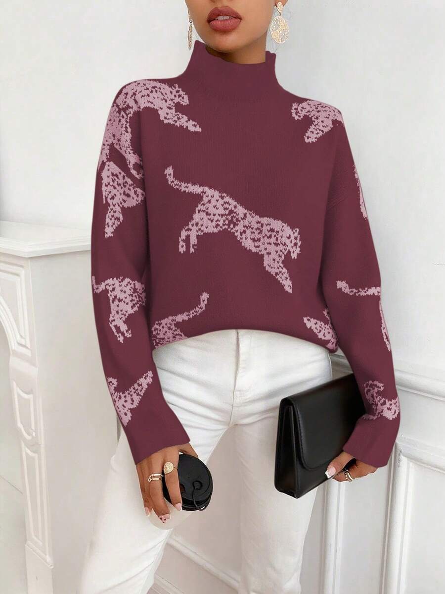 EMERY ROSE Maglione casual da donna con colletto alla coreana e stampa leopardata, adatto per l'autunno/inverno - Bordò - Visualizzare 1