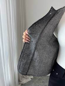 SHEIN Clasi Women's Round Neck Open Front Sleeveless Herringbone Tape Trim Jacket, Suitable For Office, Shopping, Commuting And Other Occasions, Carnival Night - Grey - View 7