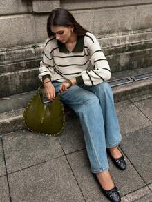 SHEIN Unity Áo len cổ tròn họa tiết sọc dệt kim dày - Nhiều màu - Xem 6