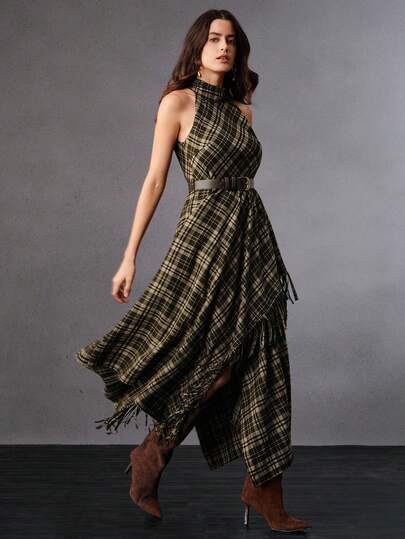 Anewsta Anewsta Classic Retro Plaid Turtleneck Fitted Fringe Asymmetrical Hem Versatile Women Long Dress, Autumn/Winter