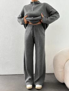 EURMUSE Women's Loose Casual Knit Sweater 2pcs/Set - Dark Grey - View 5