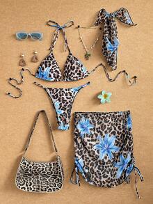 SHEIN Swim Bộ đồ bơi lễ hội âm nhạc họa tiết da báo và hoa 2 món cho nữ - Nhiều màu - Xem 1