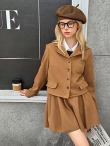 少女西装外套和裙子套装 - 棕色 - 查看 6