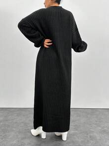 EURMUSE 女士纯色圆领罗纹针织休闲长袖毛衣连衣裙 - 黑色 - 查看 2