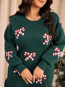 Elaquor Plus Size Women Candy Cane Pattern Ruffle Hem Sweater Dress, Autumn/Winter,Christmas - Green - View 4