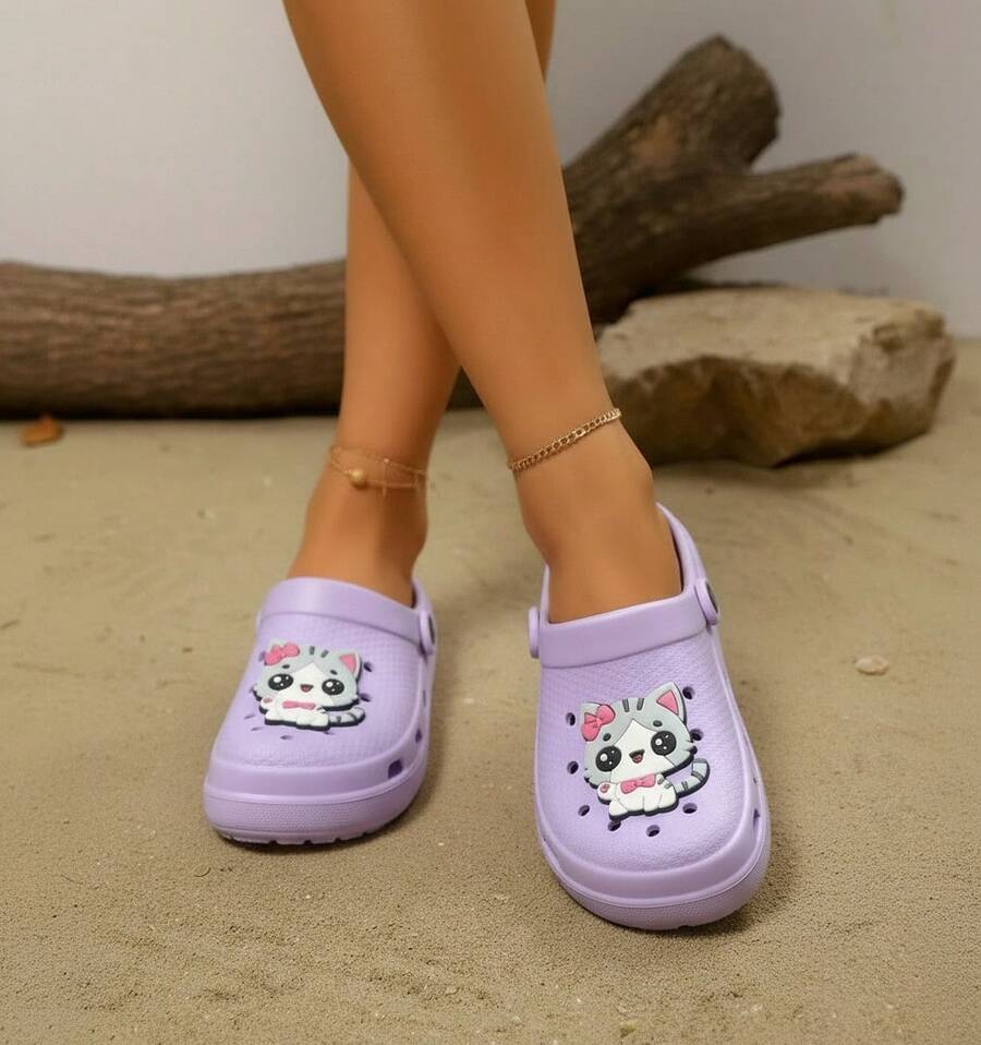 Niña sandalias ligeras con talón plano estilo kawaii, diseño de gato, punta redonda, para verano y playa - Morado - Ver 1