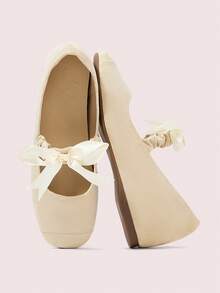 CUCCOO DOLLMOD أحذية نسائية بيج بتصميم بسيط بأصبع قدم مستدير مزينة بفيونكة مرنة، أحذية ماري جين مريحة بكعب مرتفع