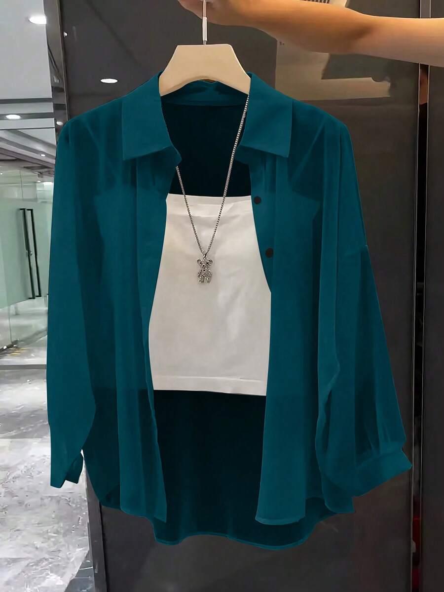 Franclia Áo sơ mi trơn cổ bẻ đơn giản trong suốt - Màu xanh ngọc - Xem 1