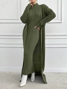 EURMUSE Đầm dài đơn giản cổ đứng màu trơn dành cho nữ & áo len cardigan tay dài, trang phục thường ngày - màu xanh lá - Xem 6