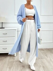 EURMUSE Plain Drop Shoulder Casual Long Cardigan, Perfect For Daily Outfits - Baby Blue - View 2