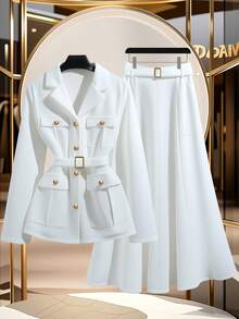 GlowEve 女士优雅通勤纯色夹克和阔腿裤两件套 - 白色 - 查看 3