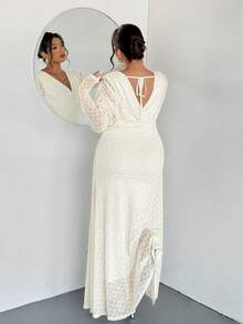 Firerie Plus Size Women Elegant Vacation Textured Fabric Ruched Long Sleeve V-Neck Elastic Waist Flared Dress Spring