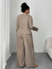 Elenzga 2pcs Plus Size Women Elegant Shell Ribbon Decor Round Neck Button Long Sleeve Jacket And Straight Leg Casual Pants Set - Khaki - View 2